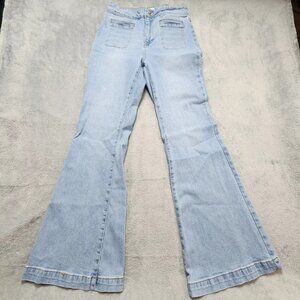 Ceros Womens High Rise Flare Jeans Light Blue Stretch Patch Pockets Size 32x33